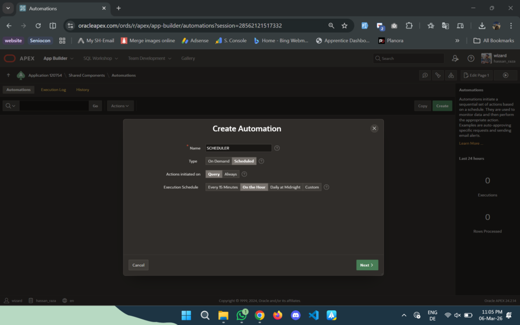 Oracle APEX Automations Create Automation screen showing Scheduled type and Execution Schedule options