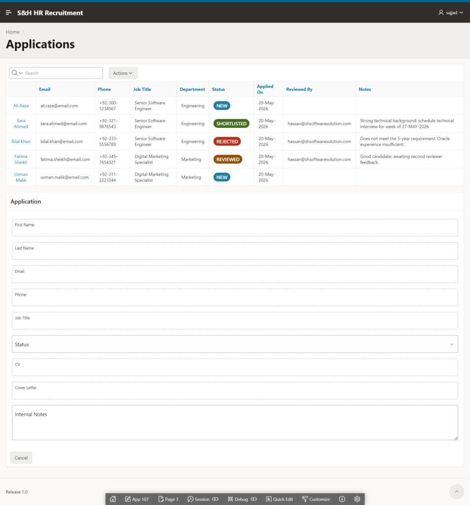 Oracle APEX 26.1 job posts interactive report with OPEN DRAFT CLOSED status badges