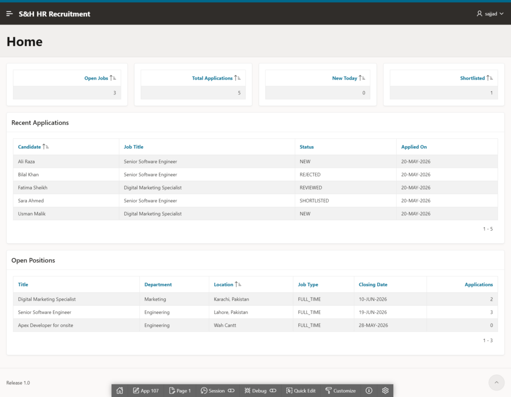 S&H HR Recruitment dashboard with KPI cards built using APEXlang