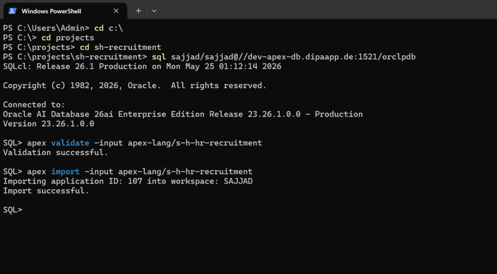 SQLcl apex validate and apex import commands running successfully