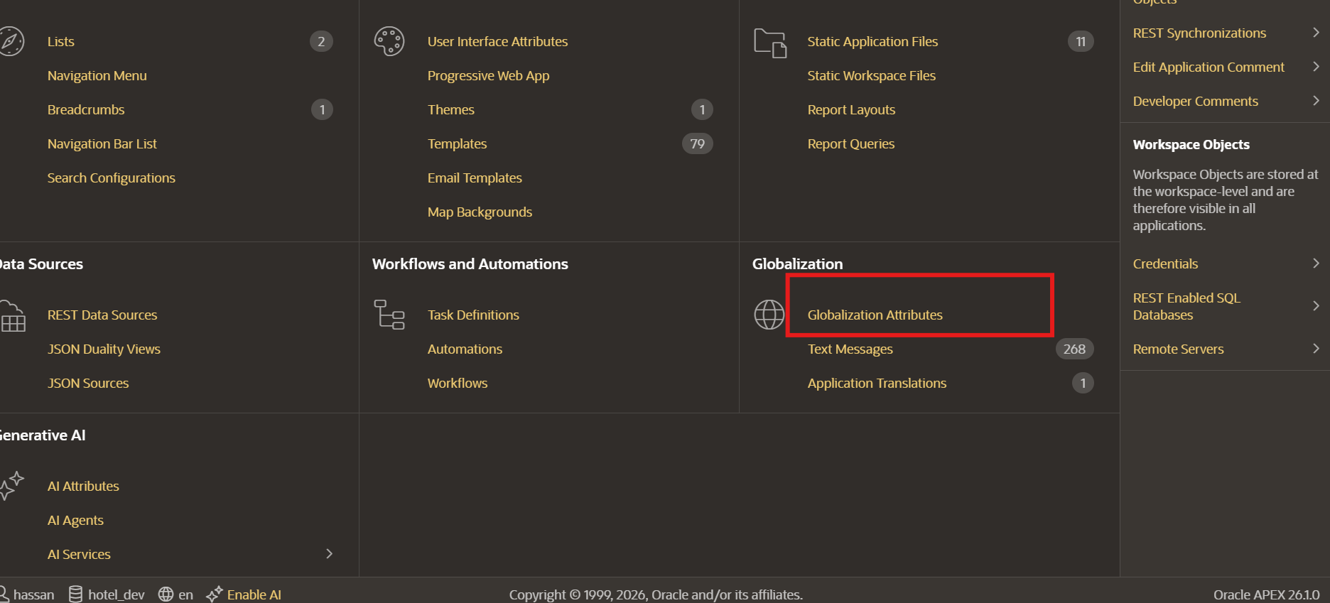Oracle APEX multilingual app - Open Globalization Attributes in Shared Components