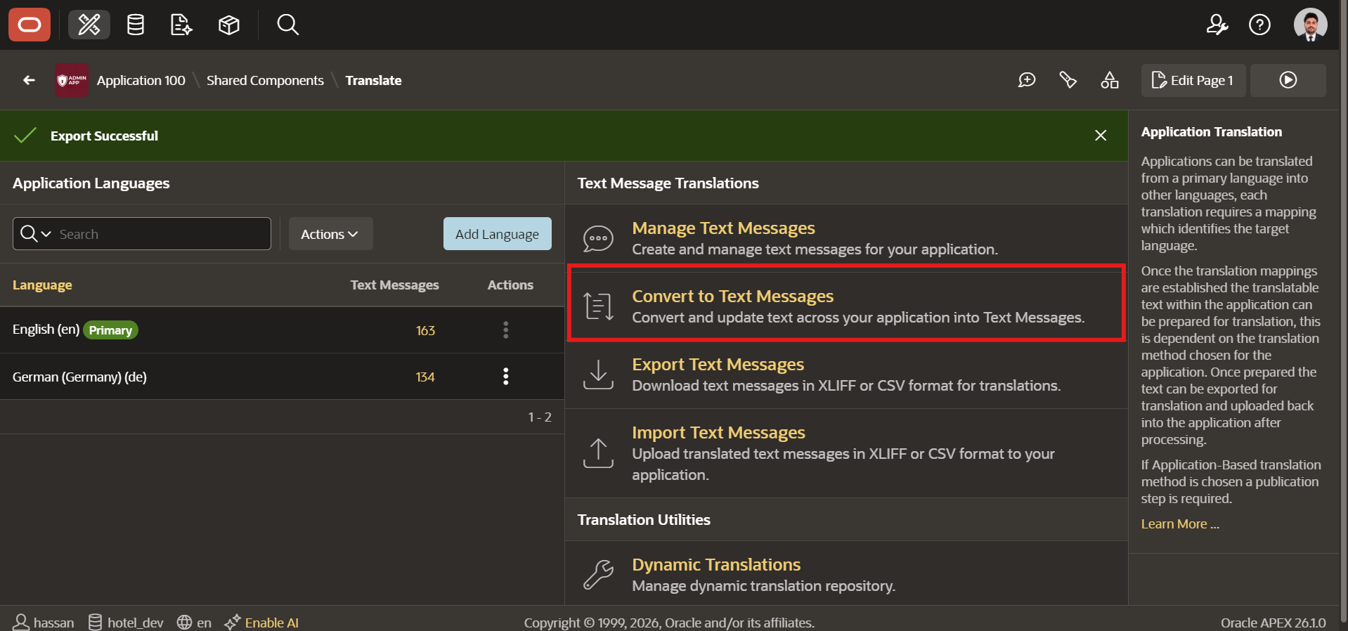Oracle APEX multilingual app - Shared Components Application Translations Convert to Text Messages