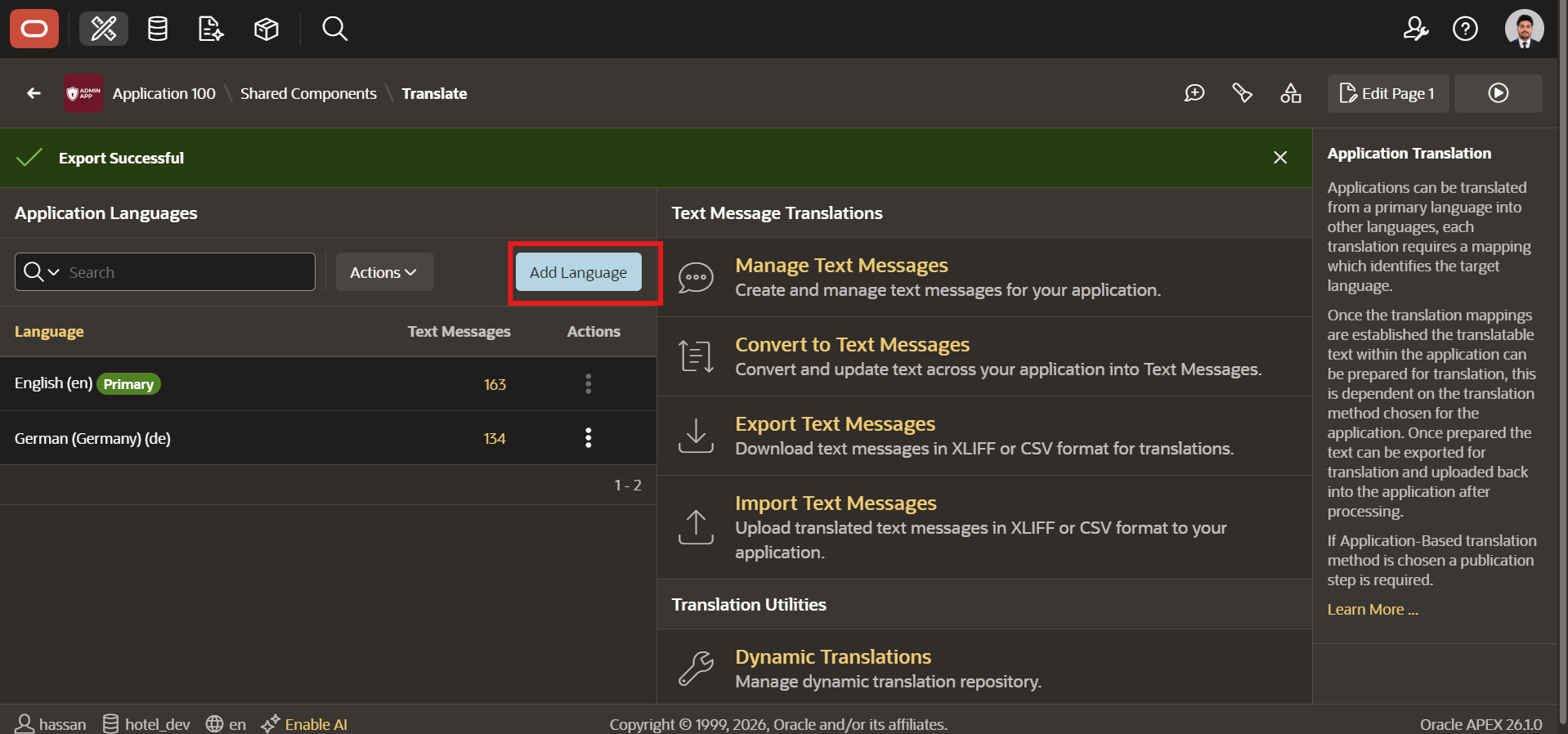 Oracle APEX multilingual app - Add Language button in Application Translations screen