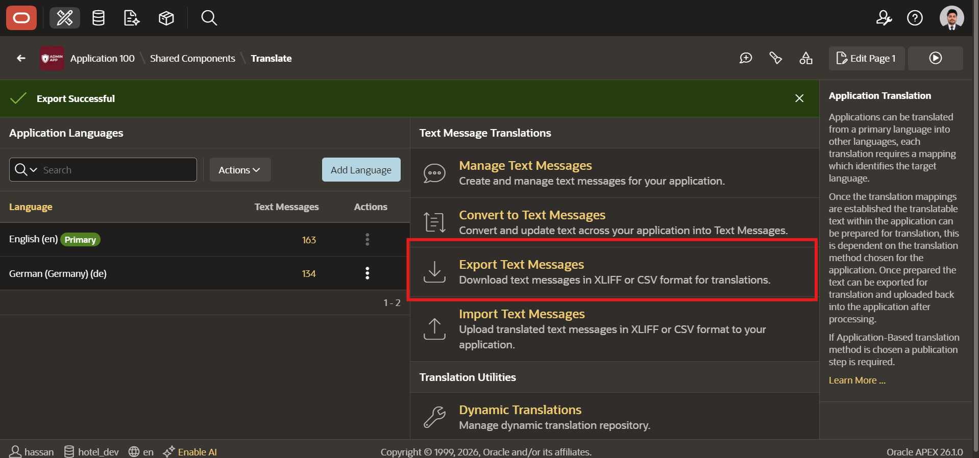 Oracle APEX multilingual app - Export Text Messages from Application Translations page