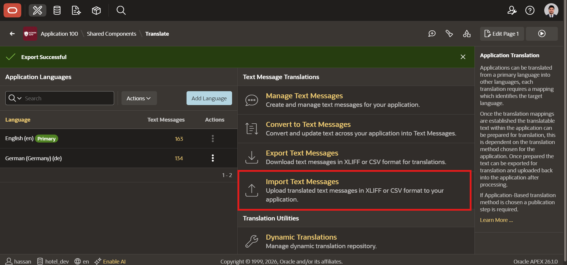 Oracle APEX multilingual app - Import Text Messages option in Application Translations