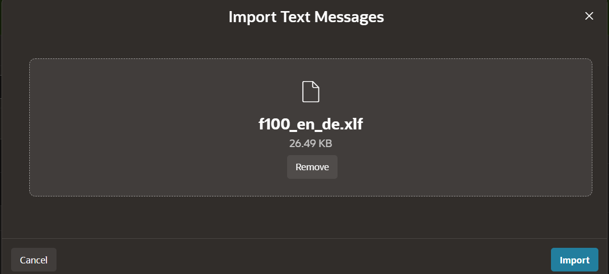 Oracle APEX multilingual app - Import Text Messages dialog showing the XLIFF file ready to upload