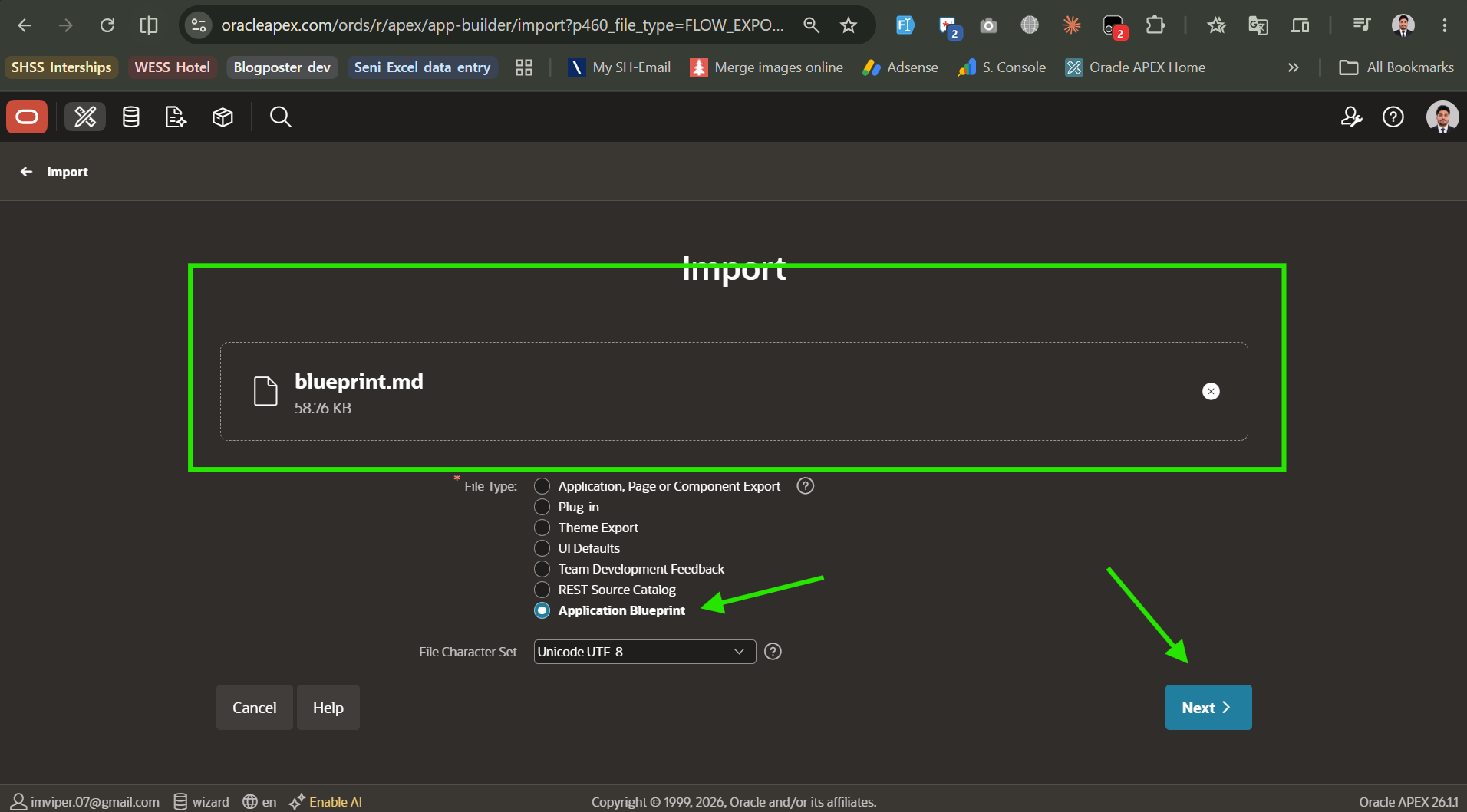 Uploading oracle apex blueprint md file with Application Blueprint selected in APEX import wizard before clicking Next
