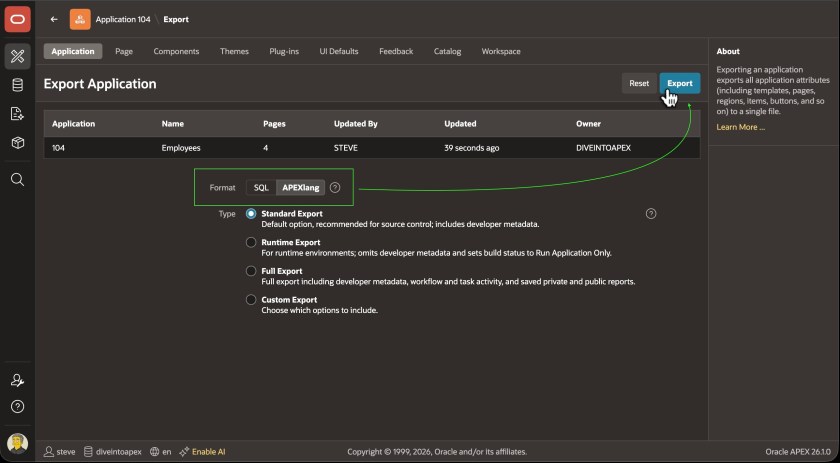 APEXlang export format selection in Oracle APEX Builder Export page