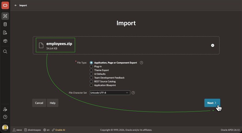 Importing APEXlang ZIP file in Oracle APEX Builder Import wizard