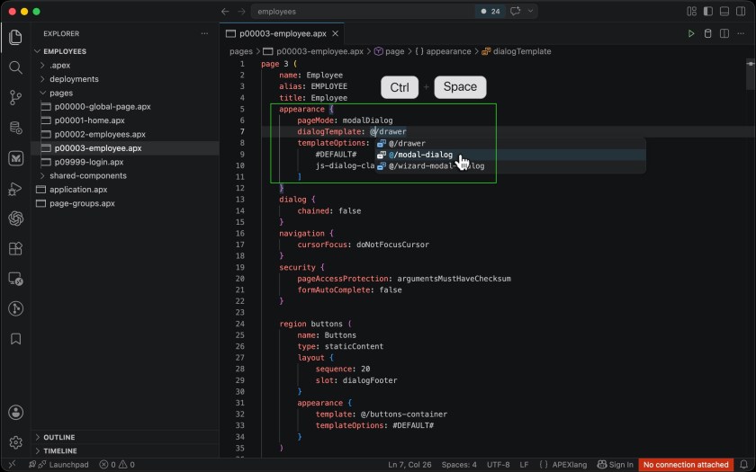 Ctrl+Space code completion in VS Code showing valid APEXlang property values for dialog template