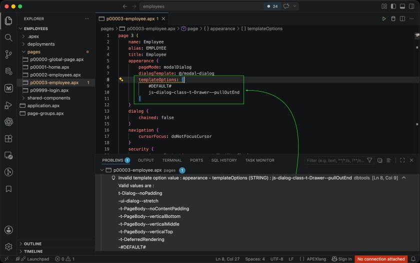VS Code Problems panel showing APEXlang validation errors with squiggly underlines in .apx file