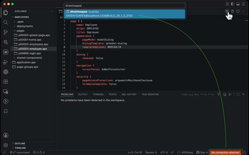 Clicking the Play button in VS Code to import APEXlang application to Oracle APEX