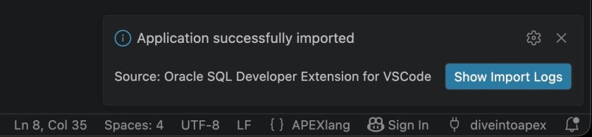 VS Code showing successful APEXlang import confirmation message