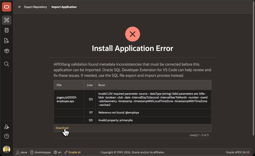 Oracle APEX Builder showing APEXlang compiler errors after a failed import with option to download CSV