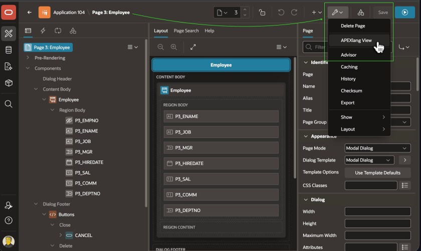 Oracle APEX Page Designer showing APEXlang View option in the page menu