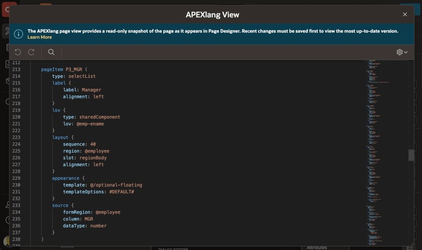 APEXlang read-only view of current page inside Oracle APEX Page Designer