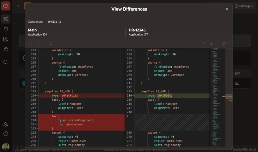 Oracle APEX Working Copy diff showing APEXlang changes between app versions