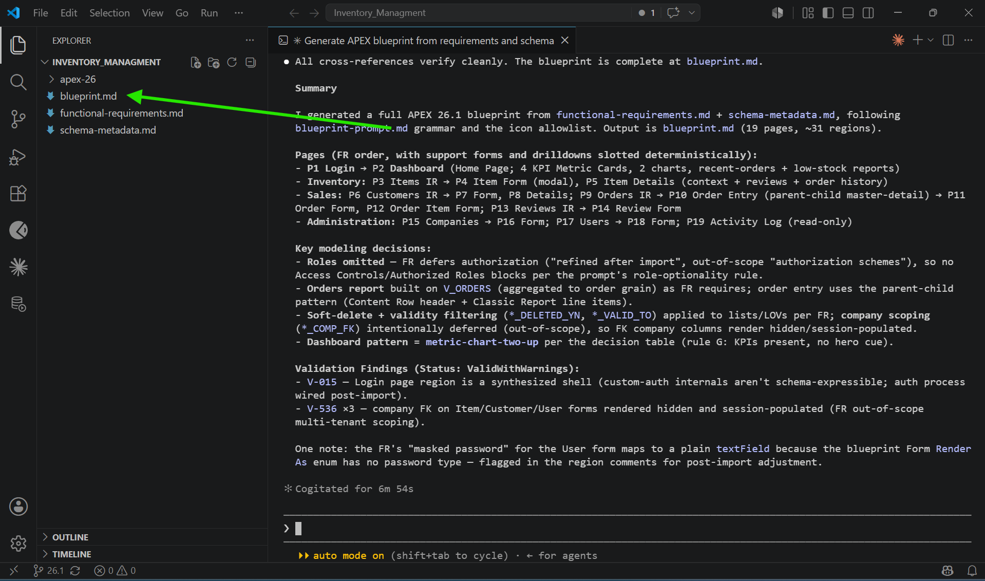 oracle apex blueprint summary generated by Claude Code showing 19 pages and 31 regions with key modeling decisions