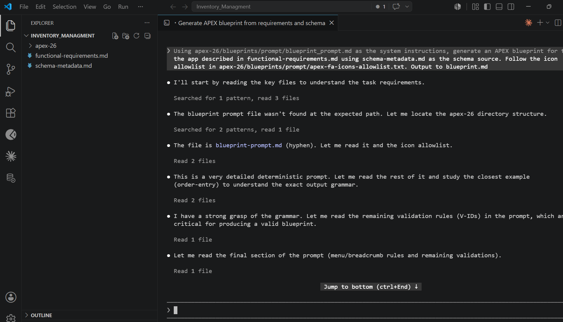 oracle apex blueprint prompt running in VS Code with Claude Code showing file reads and grammar study