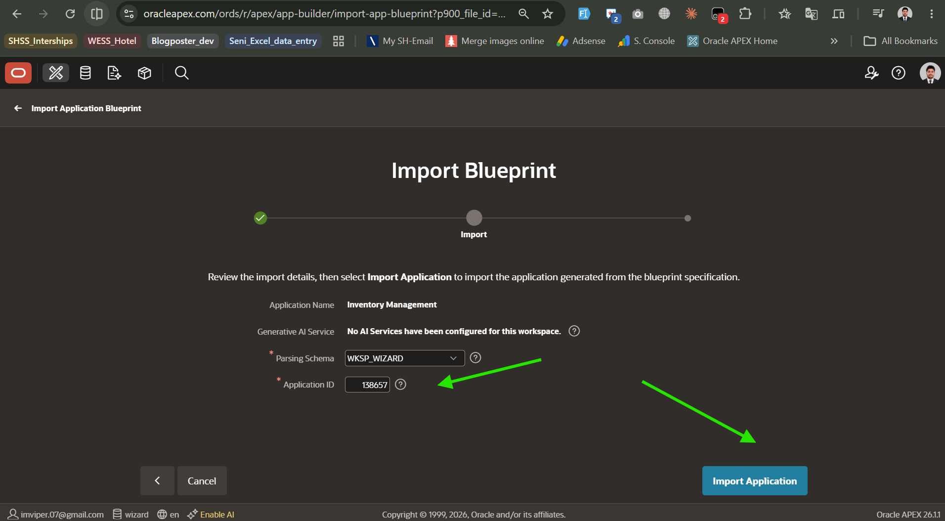 Import Application Blueprint wizard showing Inventory Management app name, WKSP_WIZARD schema, and Application ID 138657 before clicking import