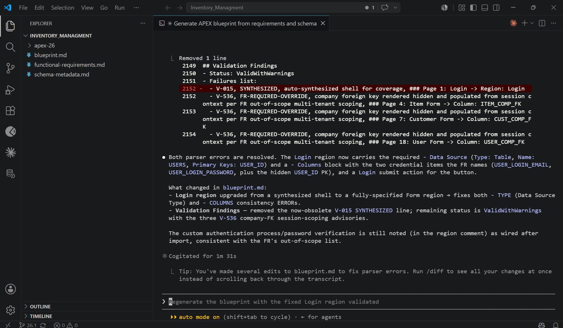 Claude Code showing exactly what changed in oracle apex blueprint md file to fix the Login region parse errors
