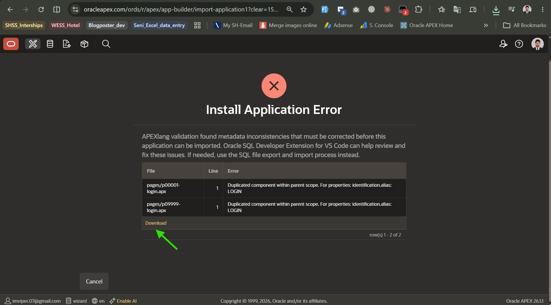 APEX Install Application Error showing duplicate LOGIN alias conflict between oracle apex blueprint Page 1 and built-in page 9999