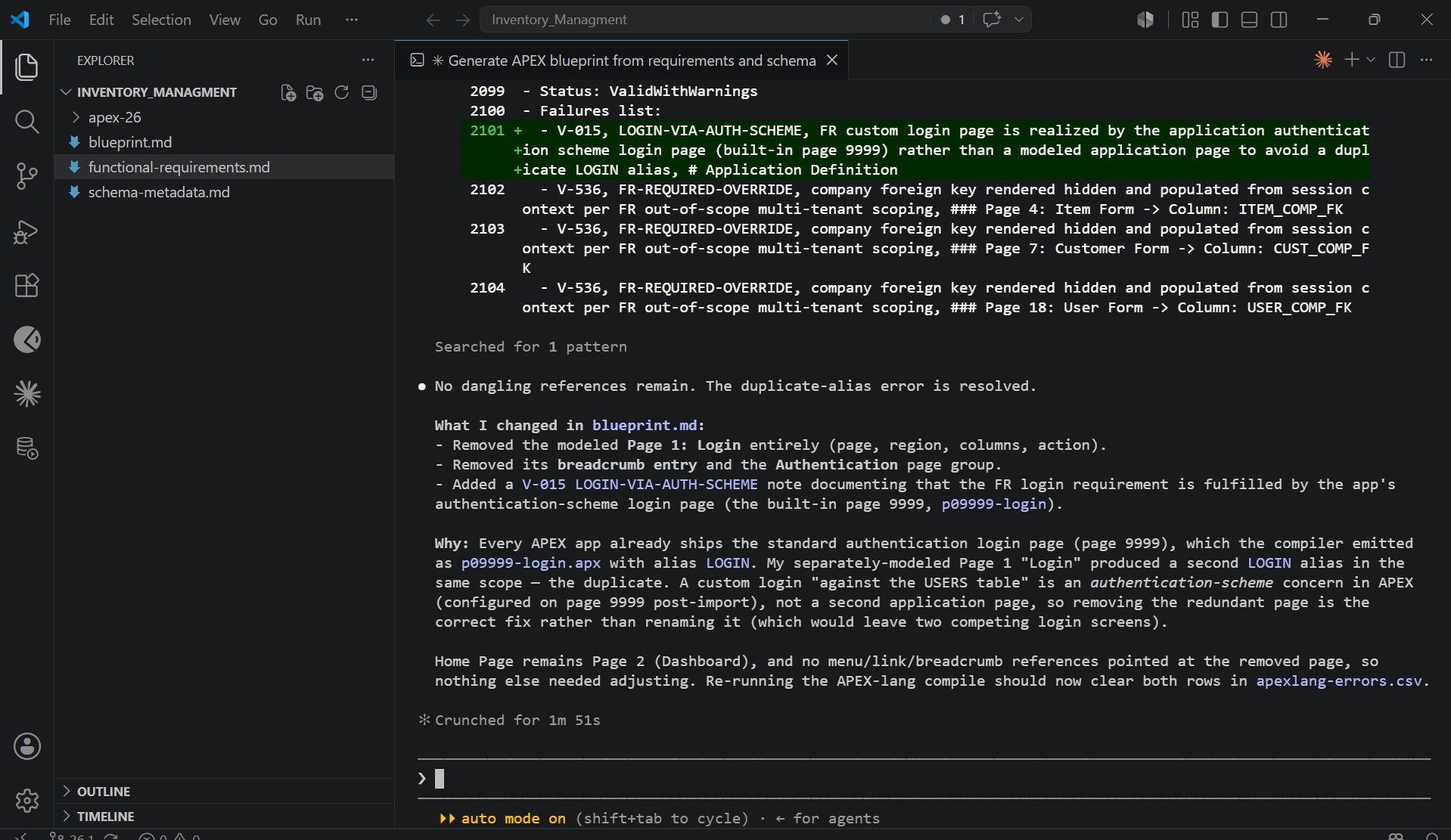 Claude Code removing duplicate Page 1 Login from oracle apex blueprint to fix the duplicate LOGIN alias error in APEXlang