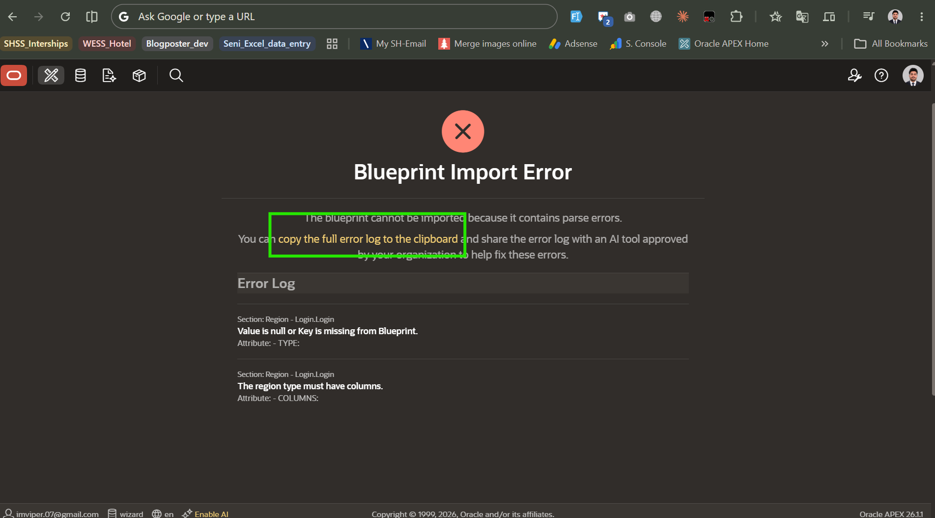 Oracle APEX Blueprint import error showing parse errors on Login region with missing TYPE and COLUMNS attributes in the error log