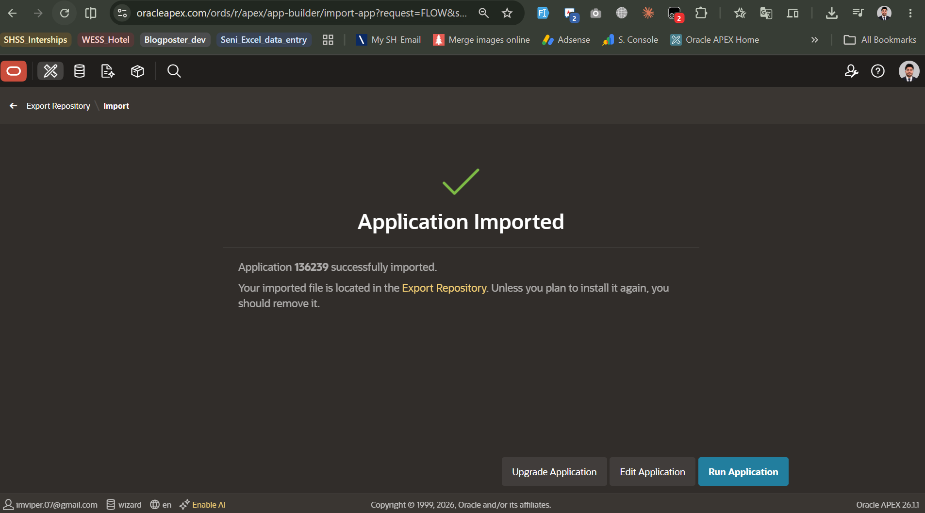 APEX Application Imported success screen showing Application 136239 successfully imported from oracle apex blueprint
