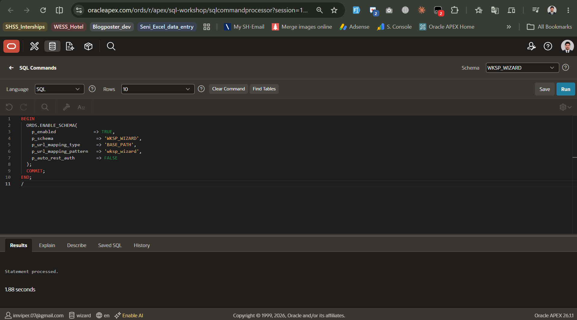APEX SQL Commands running ORDS.ENABLE_SCHEMA to REST-enable the workspace schema for oracle apex blueprint import
