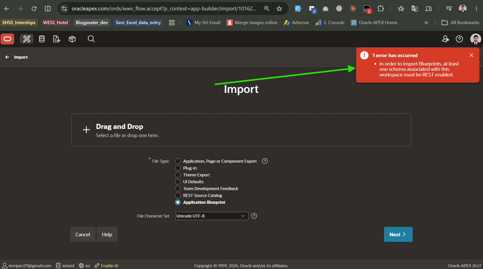 APEX oracle apex blueprint import error showing schema must be REST enabled message in red notification