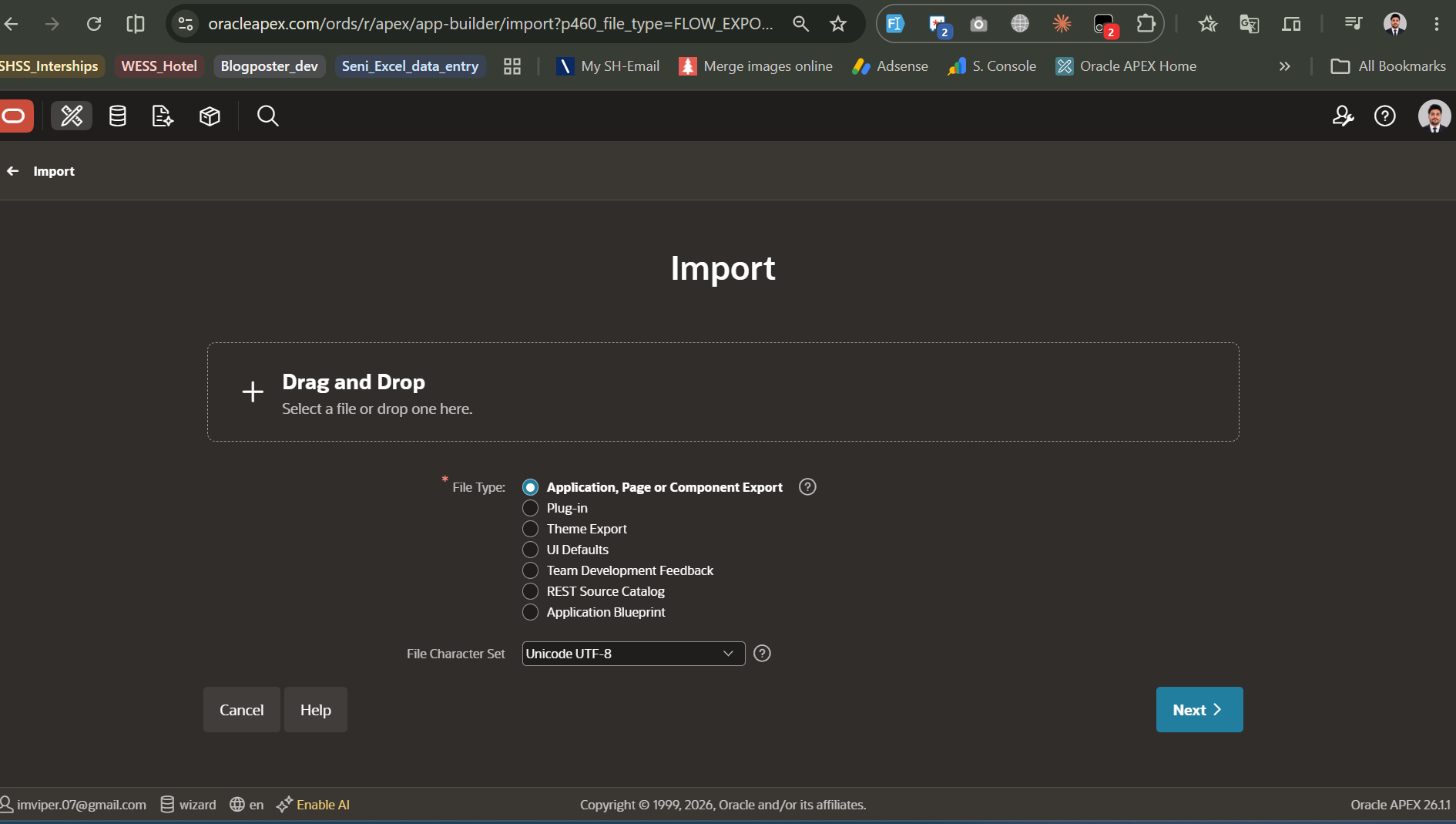 APEX 26.1 Import wizard showing new Application Blueprint option in the File Type selection list