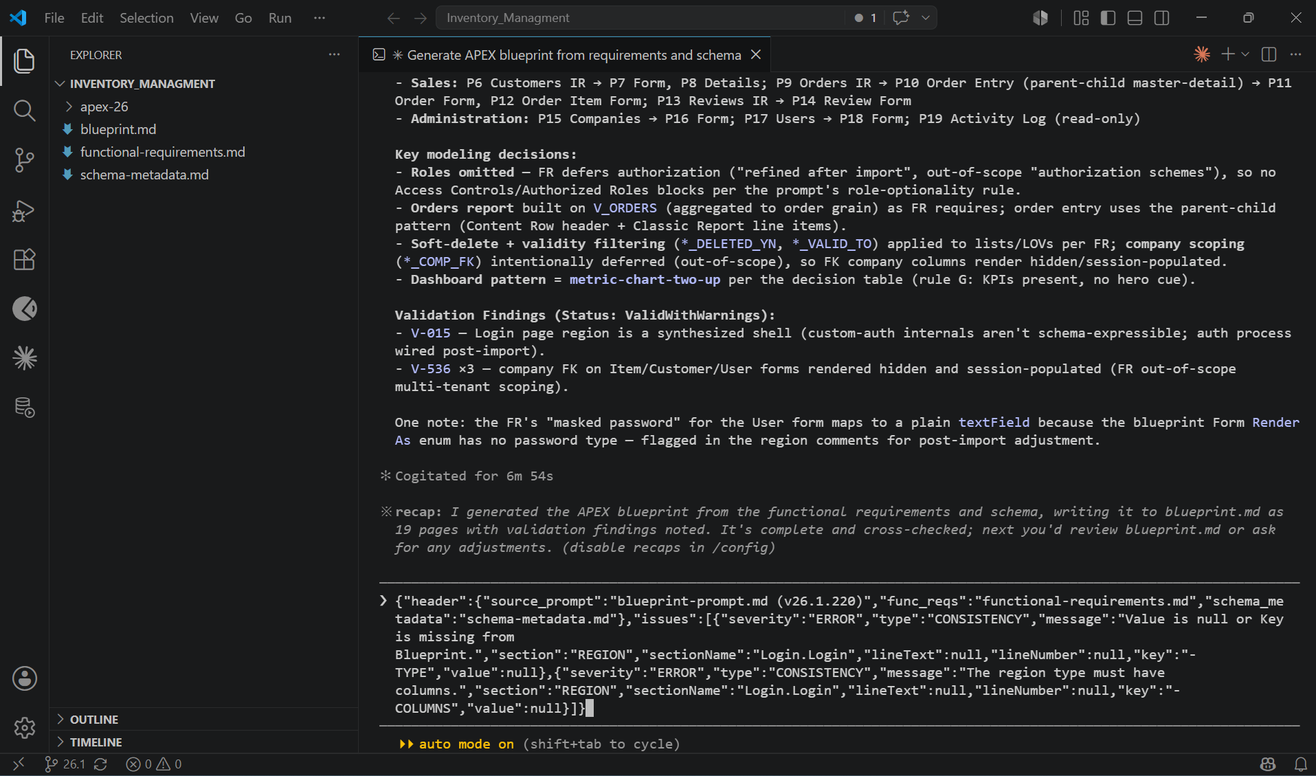 Pasting oracle apex blueprint parse error JSON from APEX clipboard into Claude Code CLI for automatic fix