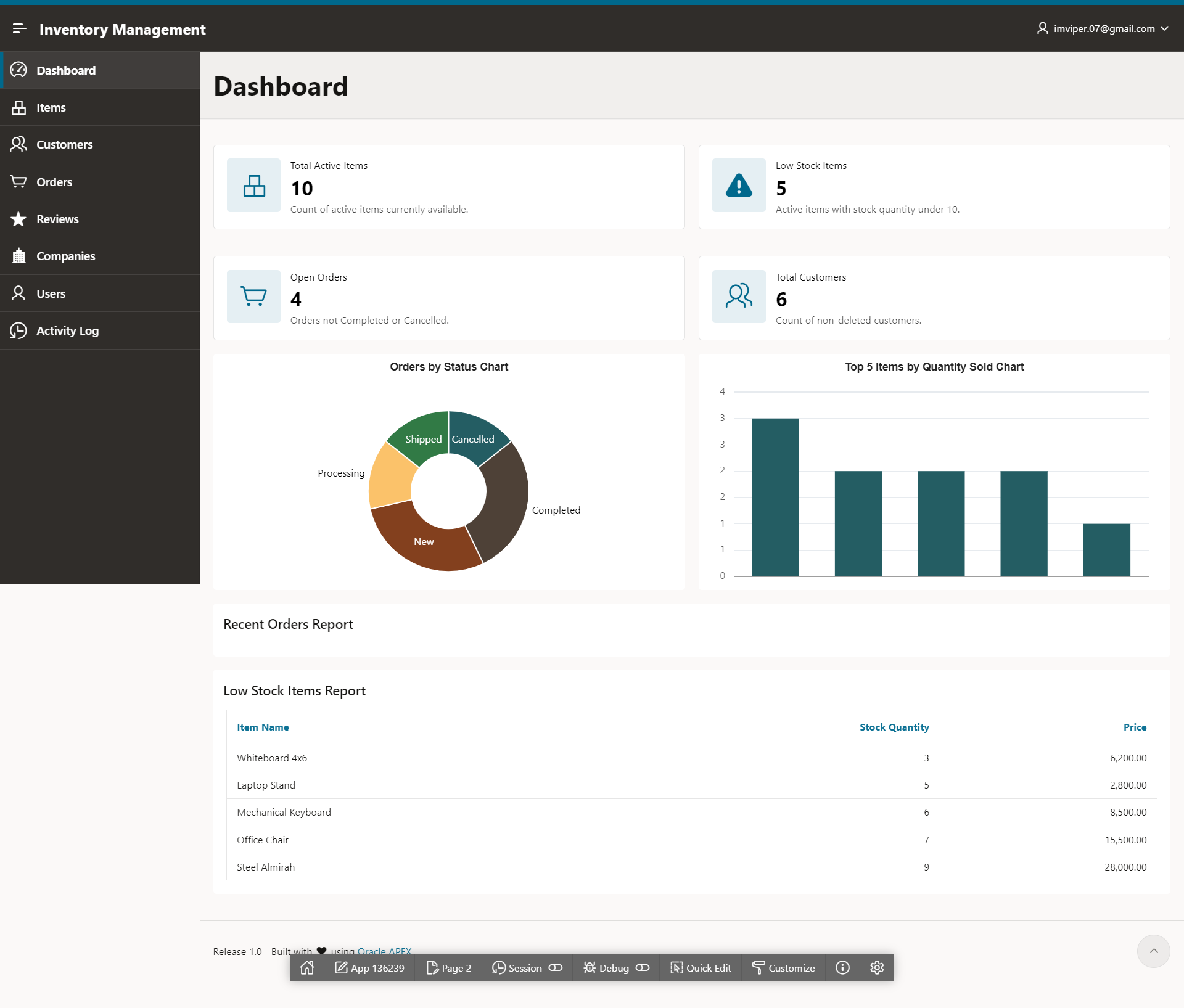 Running Inventory Management Oracle APEX app generated from oracle apex blueprint showing dashboard KPI cards and charts