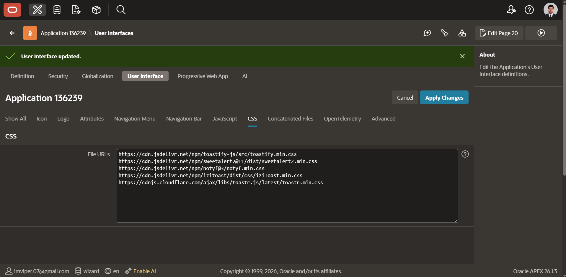 Oracle APEX Shared Components User Interface CSS File URLs showing five toast library stylesheet CDN links