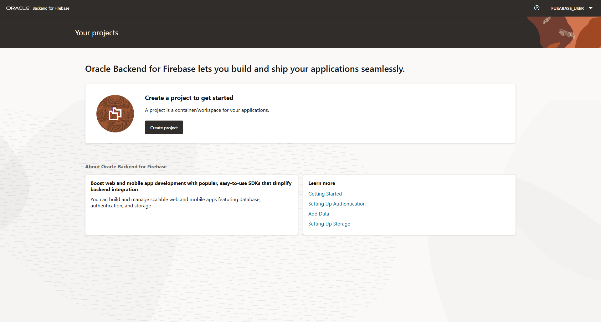 Oracle Backend for Firebase console showing empty Your Projects page with Create Project button