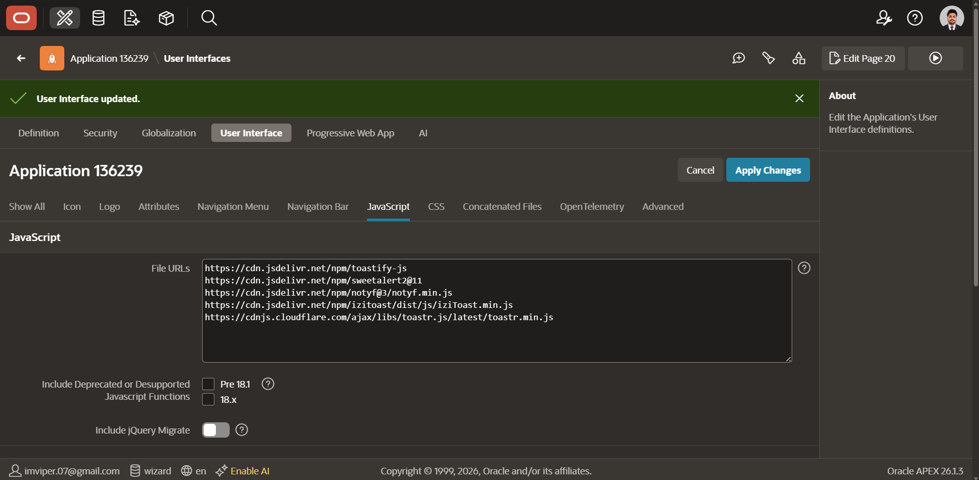 Oracle APEX Shared Components User Interface JavaScript File URLs showing five toast library CDN links loaded application-wide