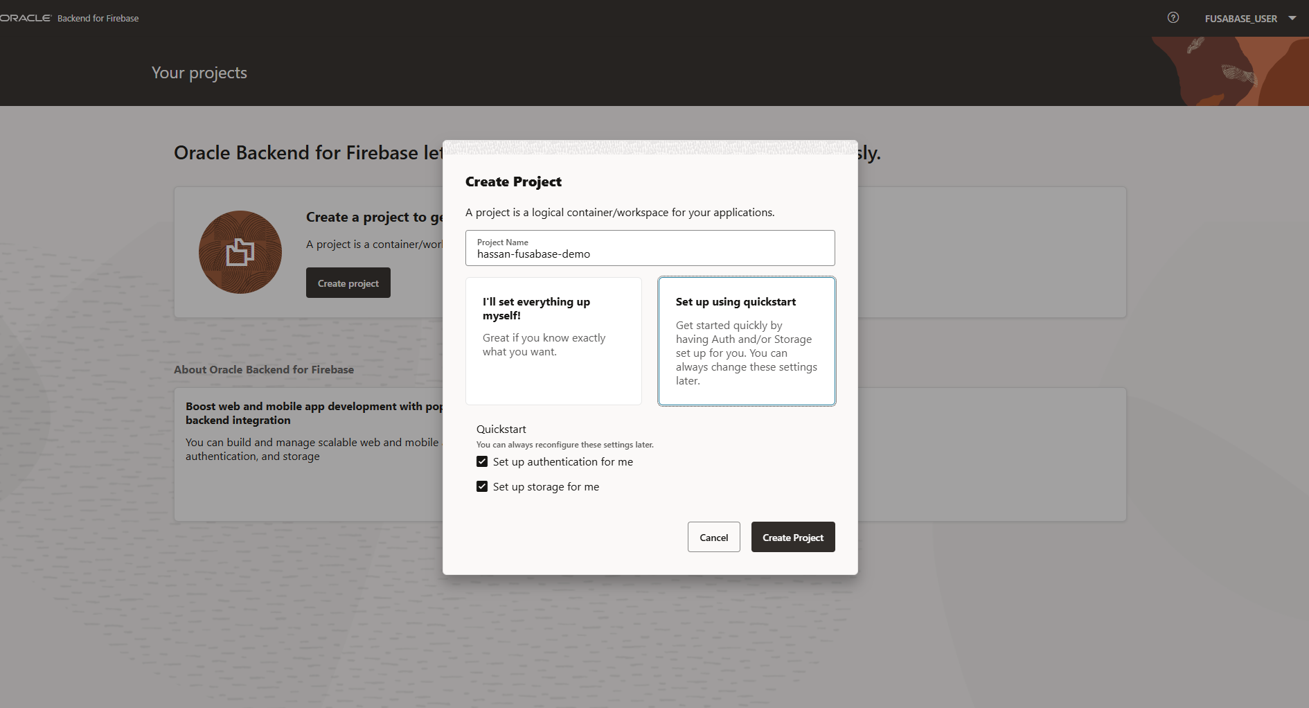 Create Project dialog in Oracle Backend for Firebase with quickstart authentication and storage options