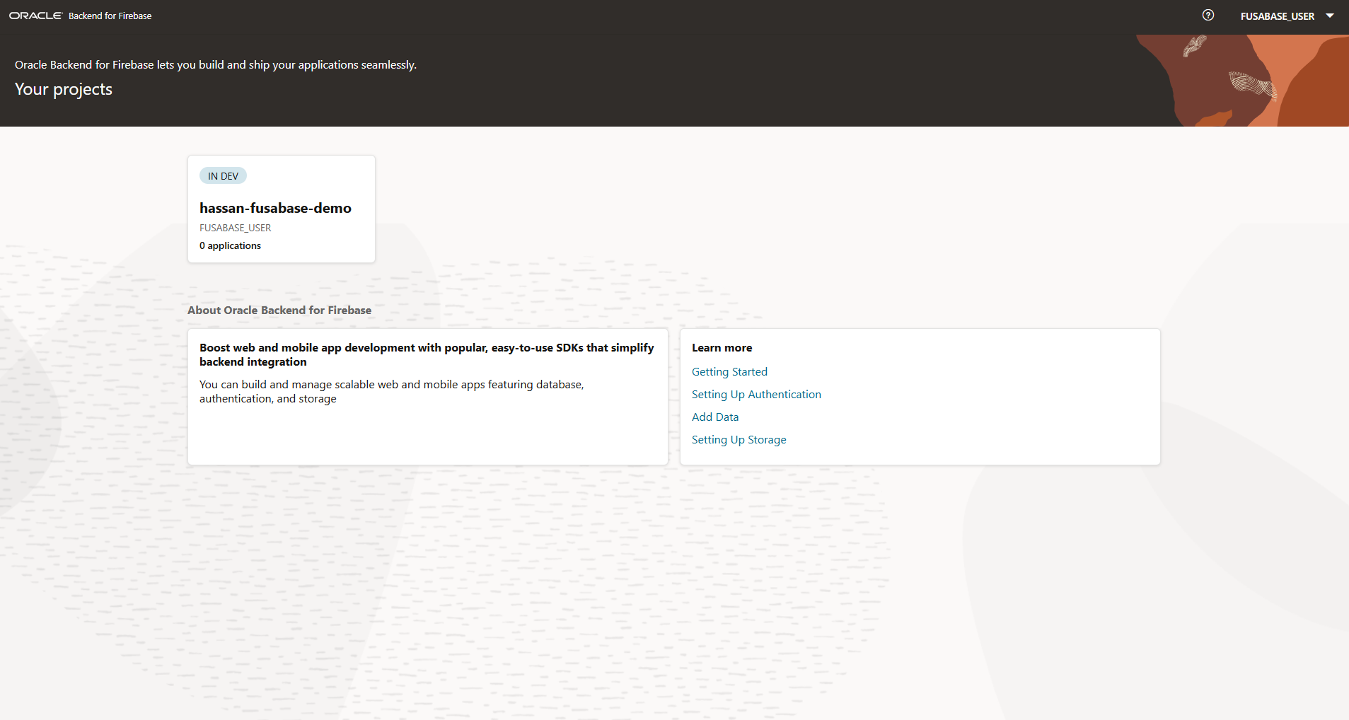 Fusabase project dashboard showing newly created project marked IN DEV with 0 applications