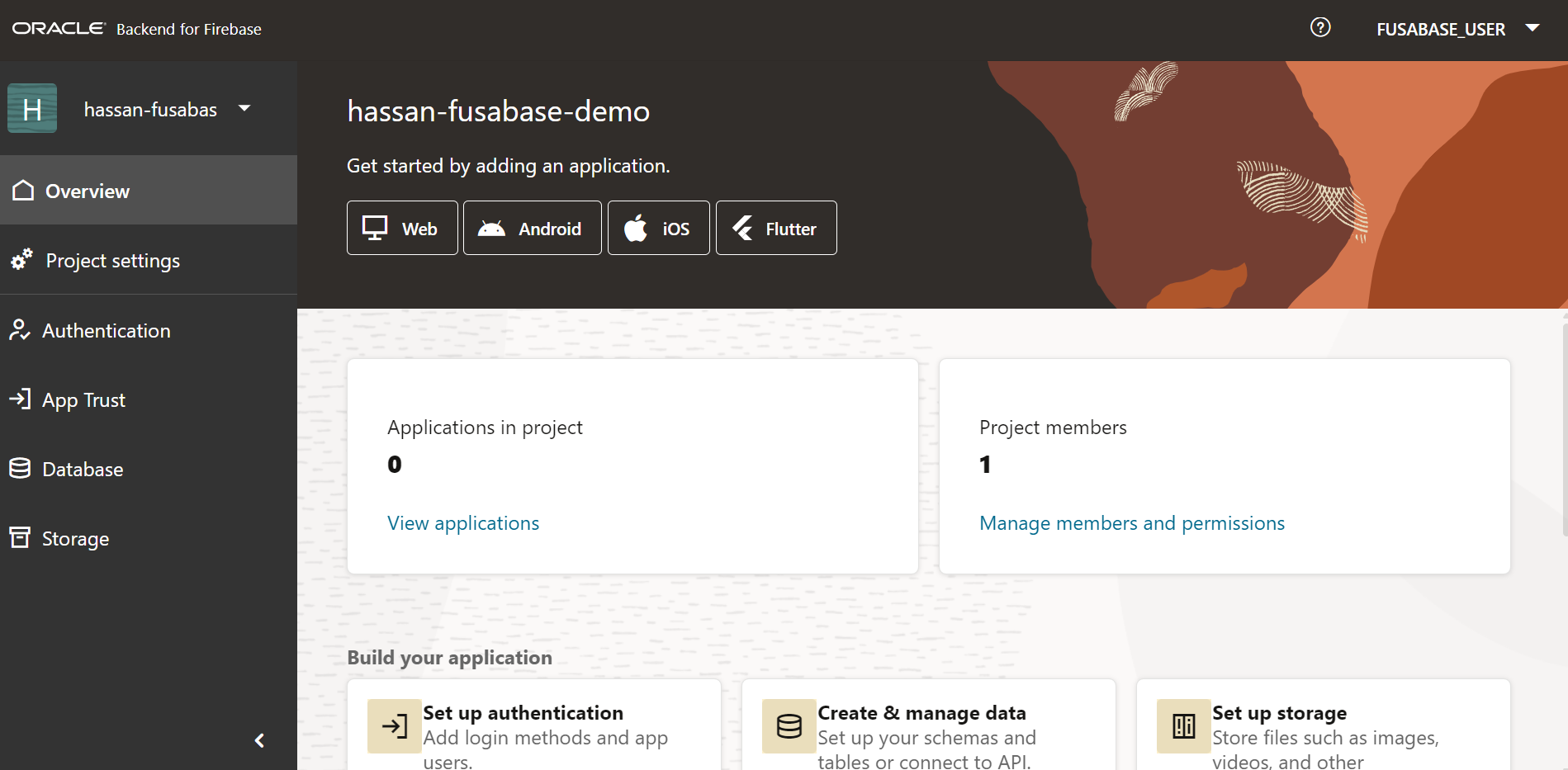 Fusabase project overview page with buttons to add a Web, Android, iOS, or Flutter application