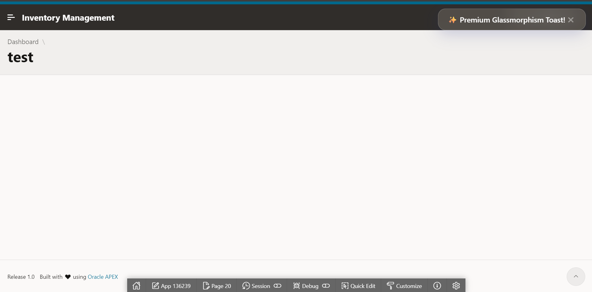 Toastify-js custom glassmorphism toast notification example in Oracle APEX