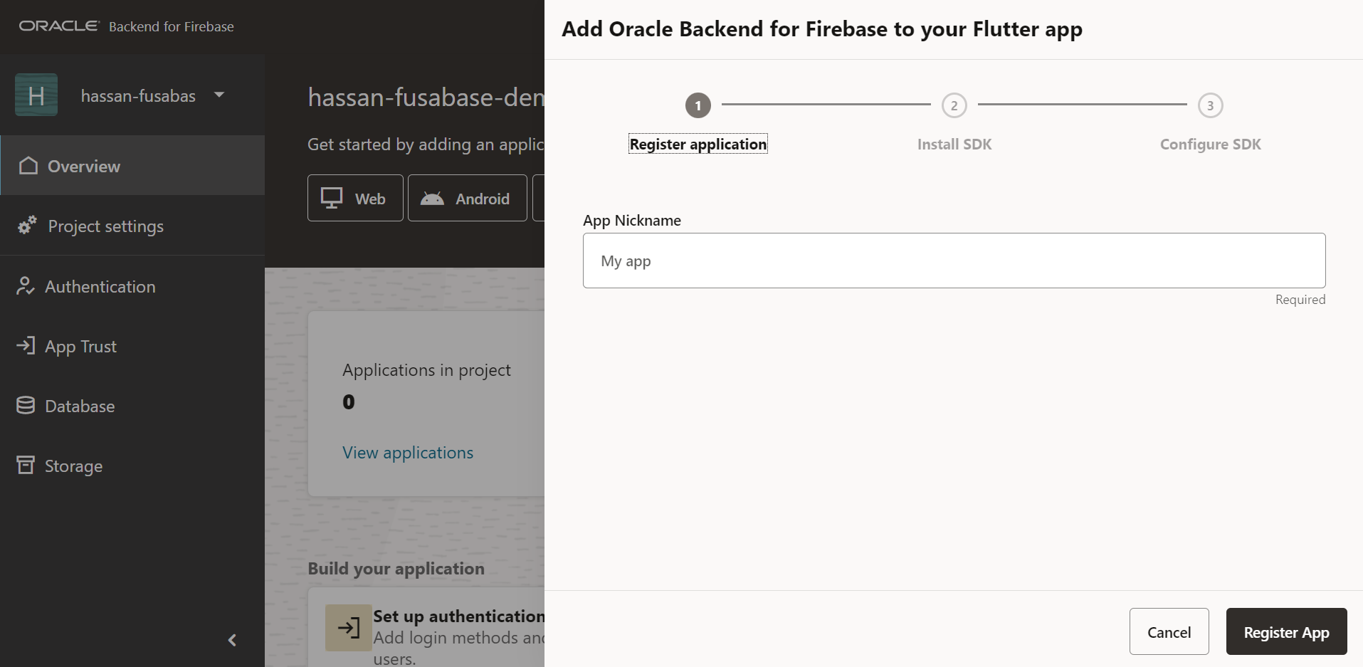 Add Oracle Backend for Firebase to your Flutter app wizard, step 1 register application with app nickname field