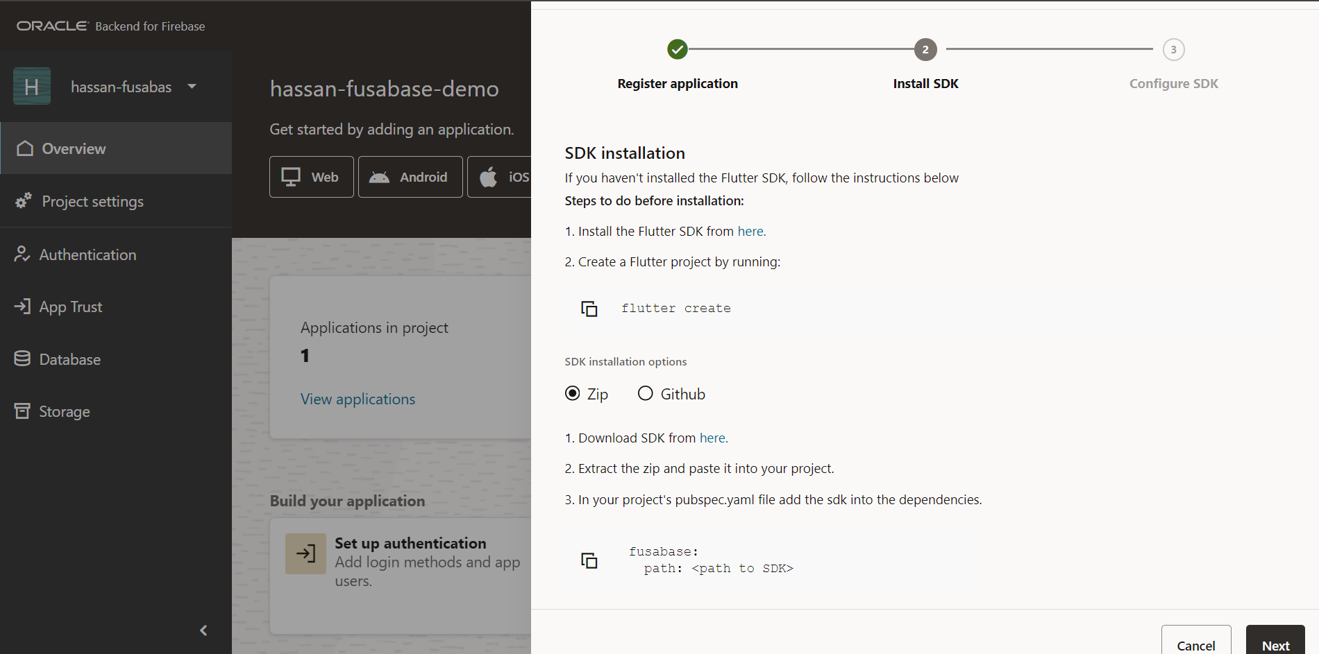 Install SDK step showing ZIP download option and pubspec.yaml dependency configuration for Fusabase Flutter SDK