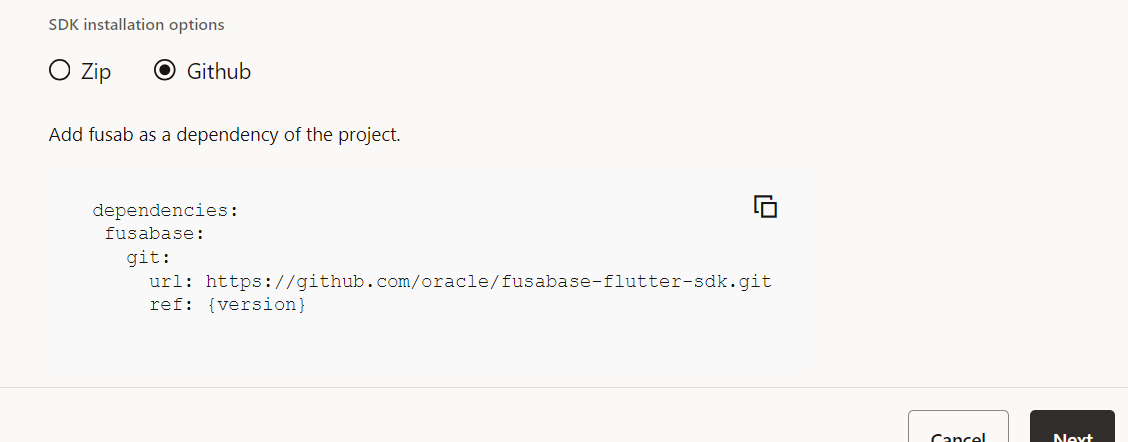 Install SDK step showing GitHub option with fusabase git dependency snippet for pubspec.yaml