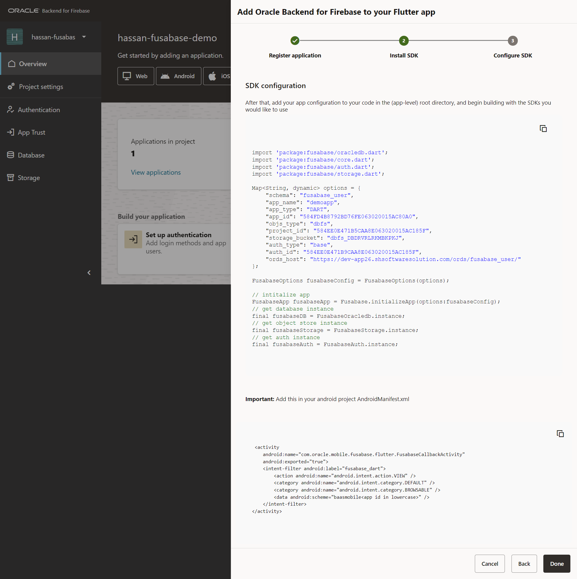 Configure SDK step showing generated Dart code with FusabaseOptions, app initialization, and AndroidManifest activity snippet