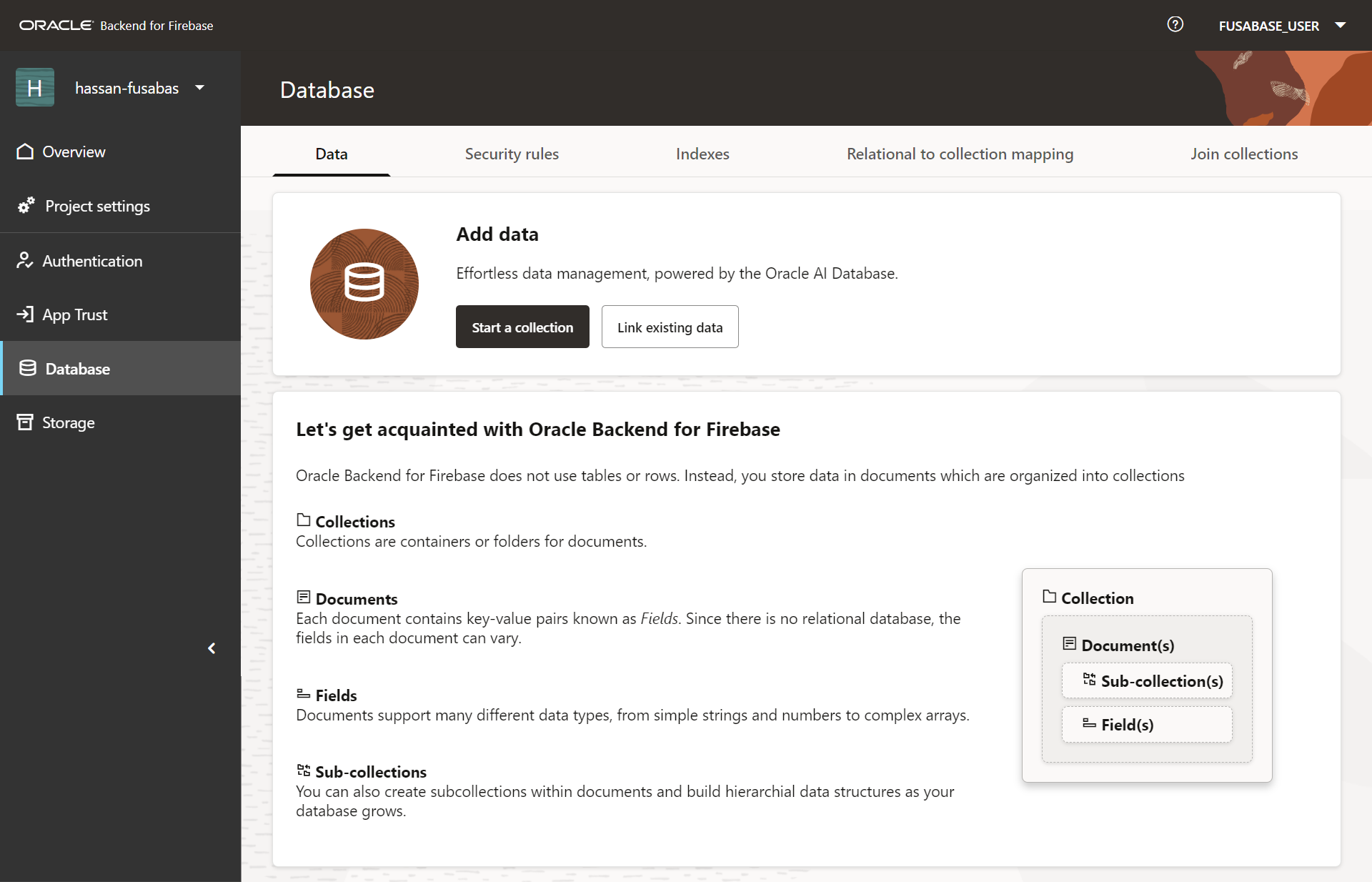 Fusabase Database tab explaining collections, documents, fields, and sub-collections data model