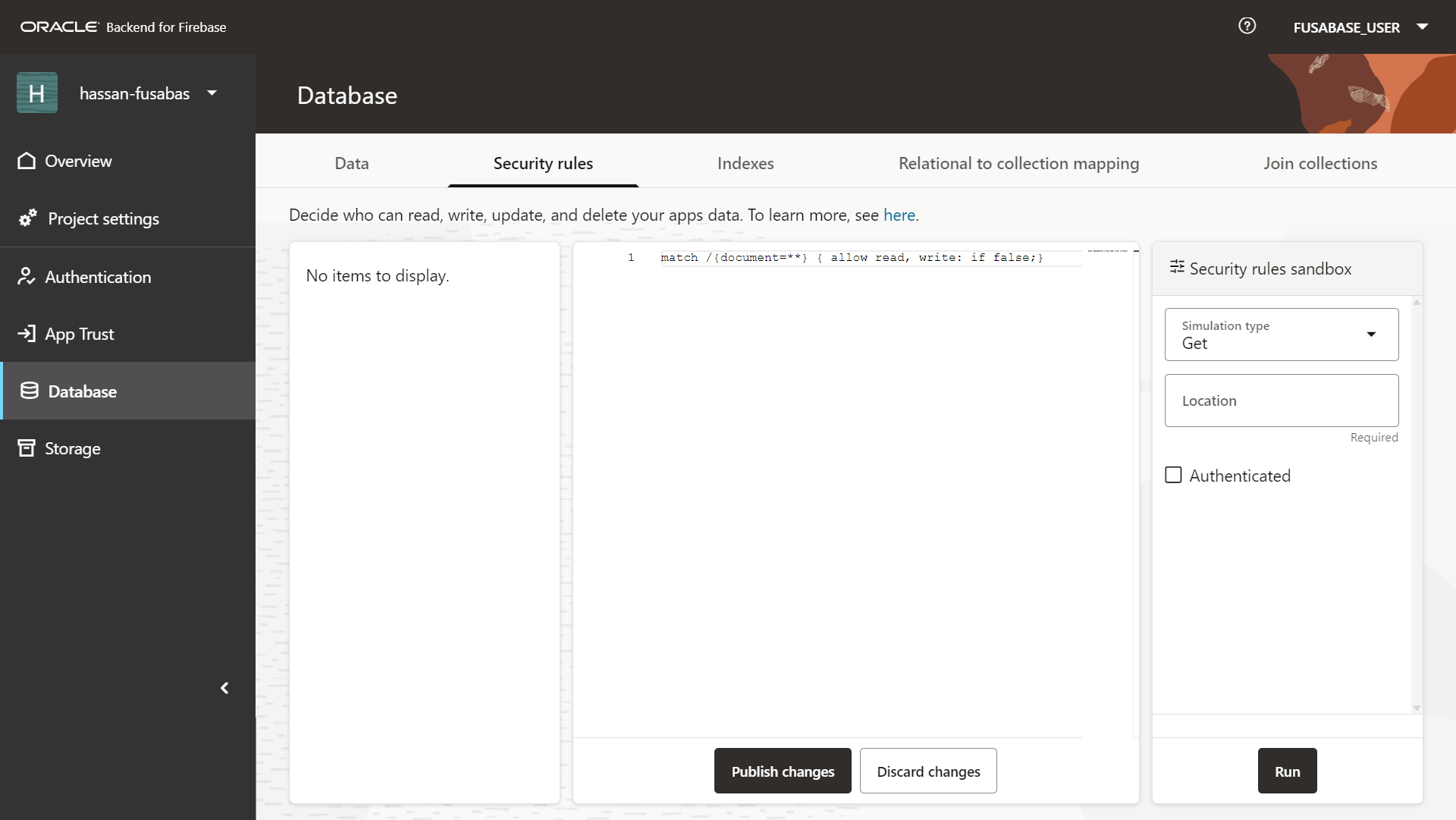 Fusabase Database security rules tab showing default deny-all rule and security rules sandbox for testing