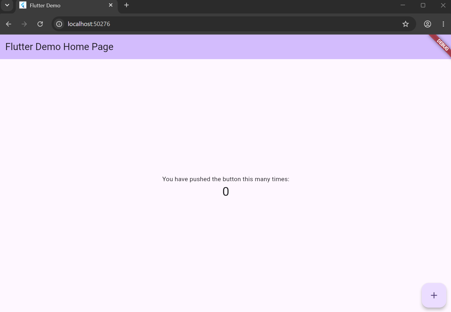 Default Flutter Demo Home Page counter app running in Chrome at localhost after Fusabase SDK integration