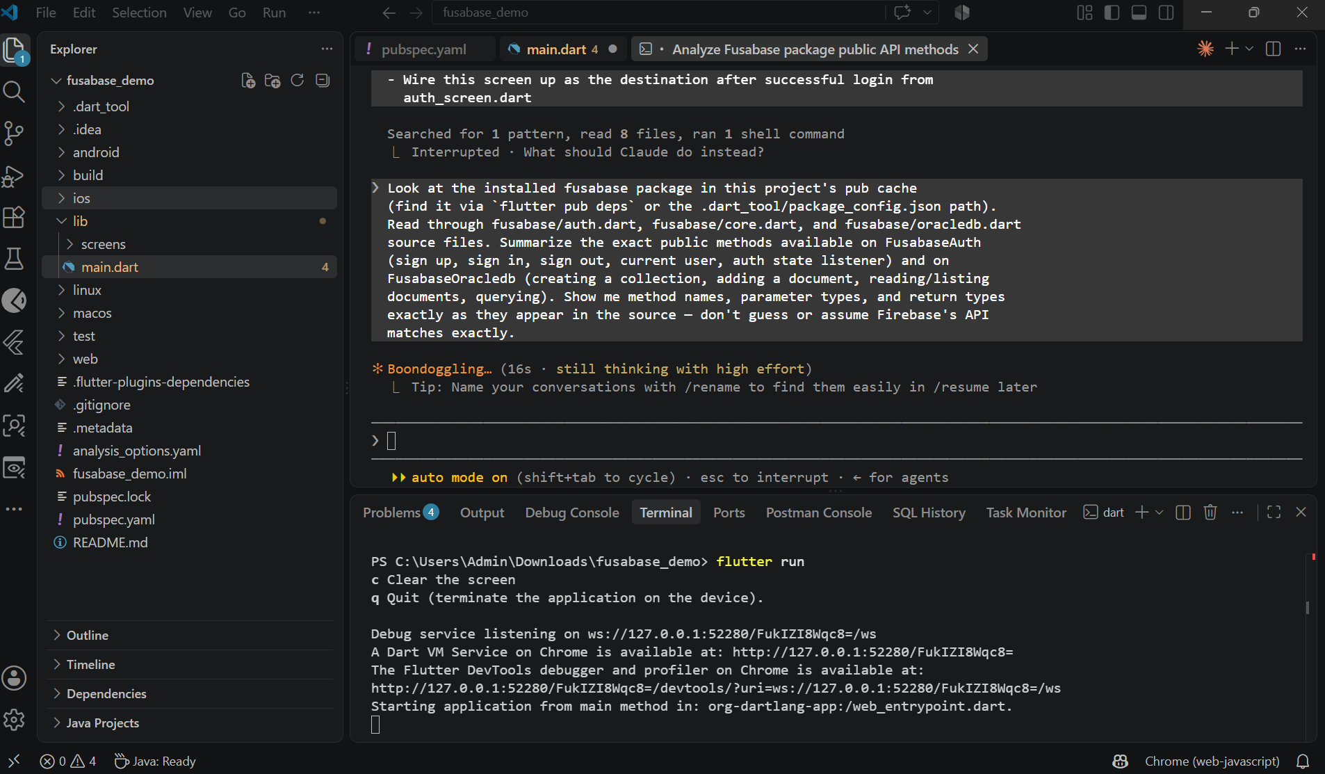 VS Code with Claude Code CLI agent reading the fusabase package source to summarize FusabaseAuth and FusabaseOracledb public methods