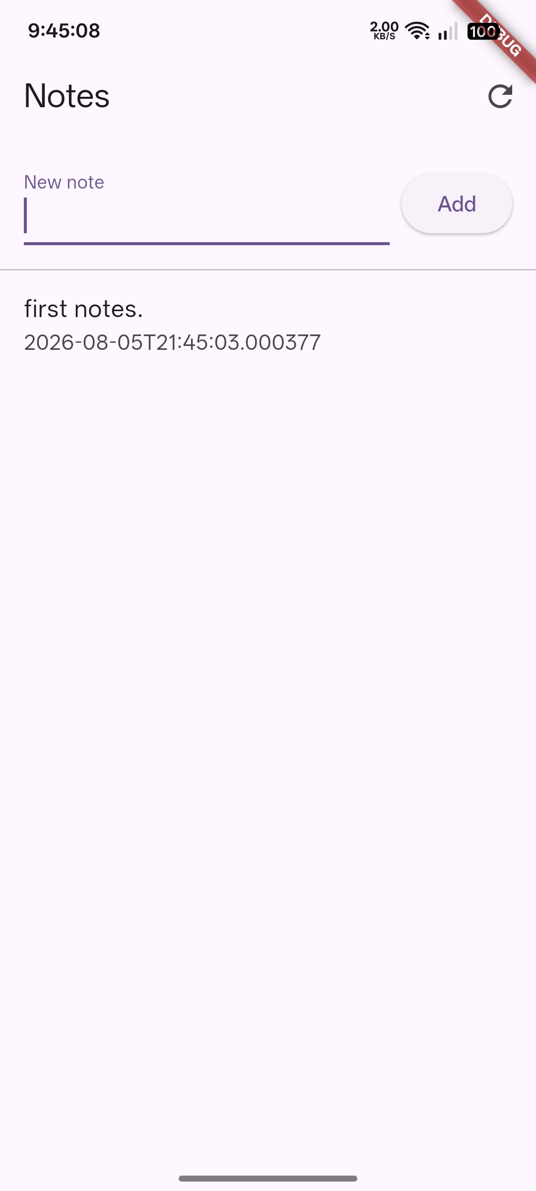 Flutter notes app running on a mobile device showing a new note input field and an existing saved note